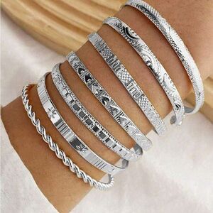Silver Textured Bracelet Set with Polished and Rope Designs